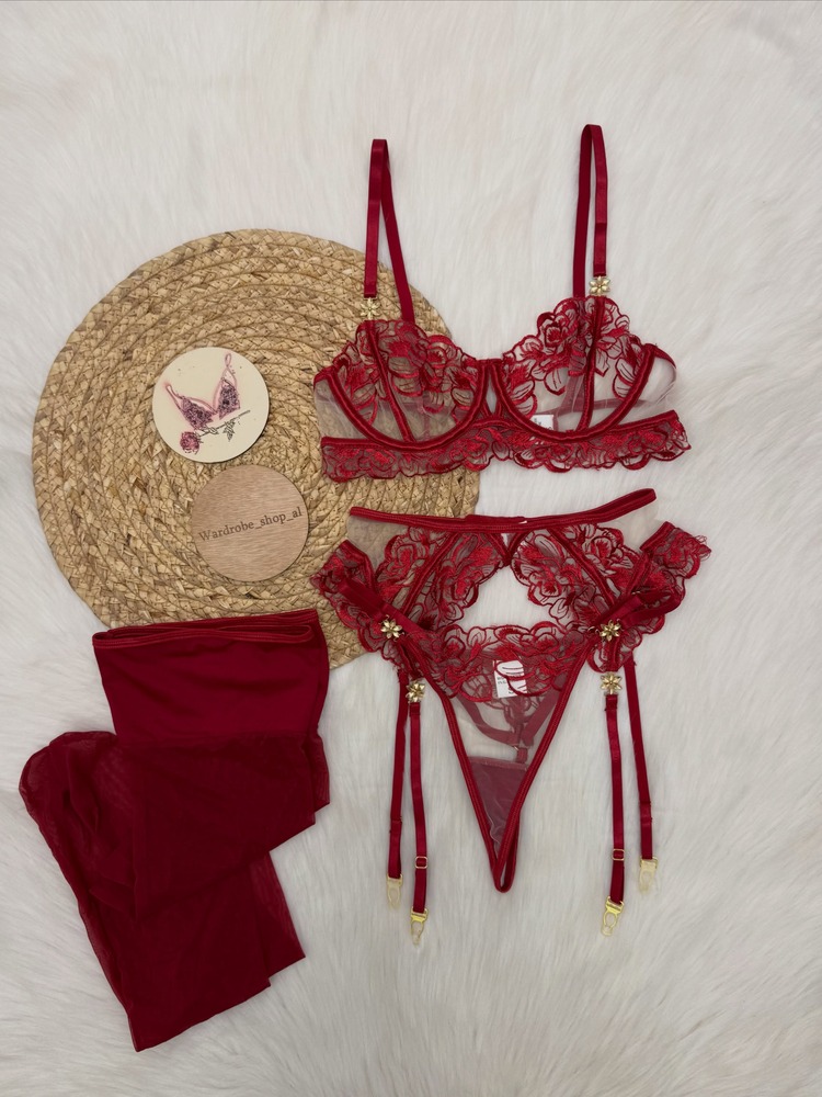 여성용 버건디 레이스 란제리 세트 언더와이어 브라, 끈 - Garter Belt Set 리뷰 및 가격
